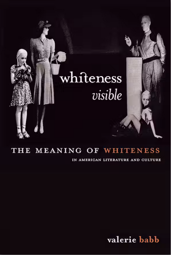 photograph of the bookcover of Whiteness Visible. Against a black baground is an image from the 1939 NY World's Fair of a fmily of white manequins--mother and daughter standing together, father and seated son together--dressed in the latest fabric, poplyester.