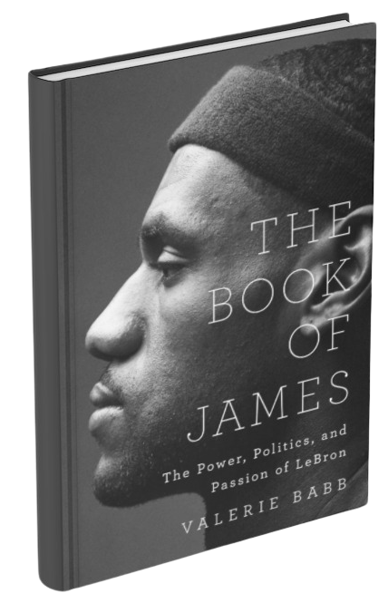 A photogrpah of the bookcover of The Book of James. The cover consists of a black and white photograph of LeBron James in profile wearing a sweatband around his head. White print superimposed on the phote reads, The Book of James: The Power, Politics and Passtion of LeBron. Author's name appears below.